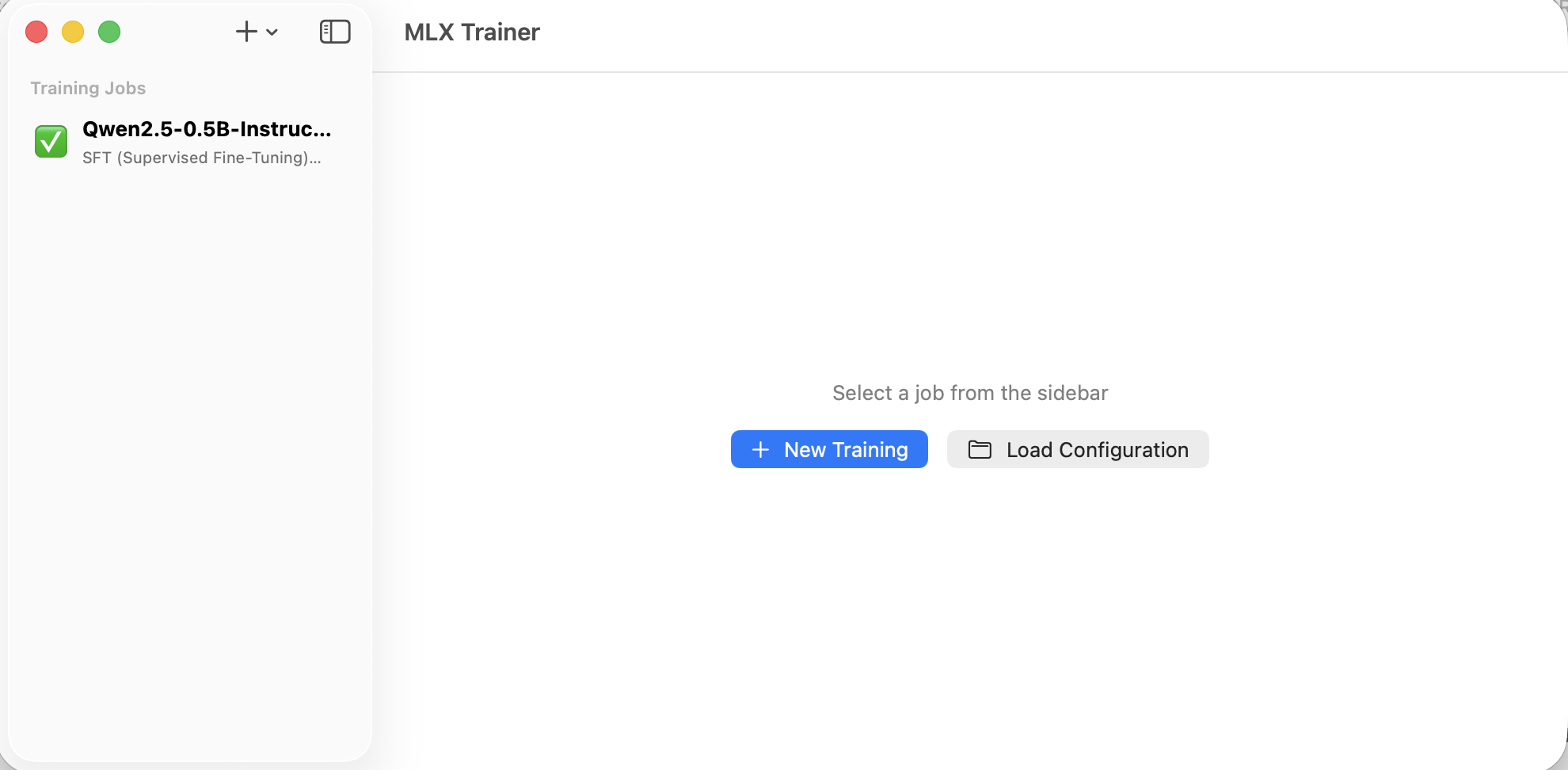 MLX Training Studio main window — training jobs sidebar and new training panel